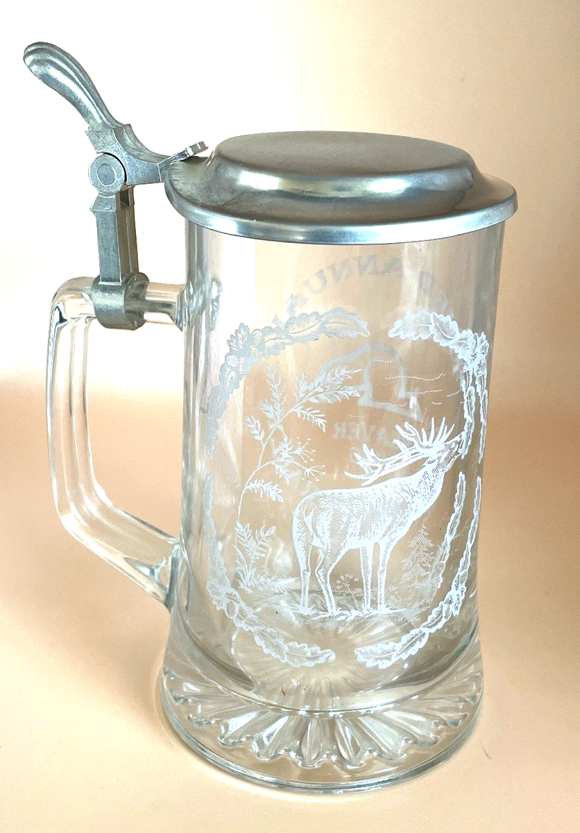 ドイツ製　ZINN BECKER　ピューター　ビアジョッキ Etched Glass Beer Stein Zinn Becker Pewter Lid Deer Elk Trees