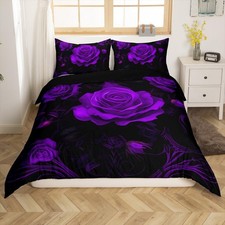 Valentine's Day Duvet Cover Romantic Roses Couple Comforter Cover Purple Blac...