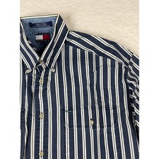 Tommy Hilfiger Men's Button Down Shirt Classic Fit Blue White Stripe Logo Size M