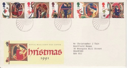 GB Stamps First Day Cover Christmas Xmas Illuminated Letters, bible SHS 1991
