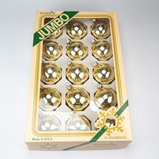Vintage Pyramid Jumbo Gold Glass Ball Christmas Ornaments 15 Count Made in USA