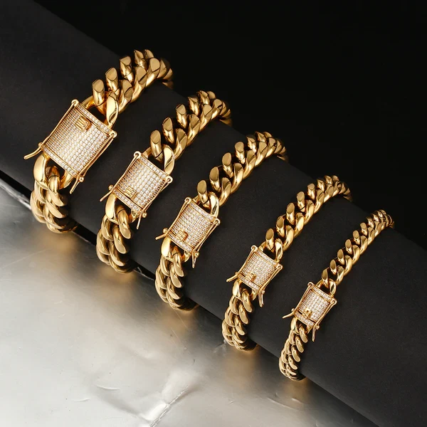 14k Gold Plated Stainless Steel Miami Cuban Link Bracelet Or Chain with CZ Clasp - Image 4 of 4