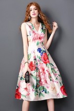 V Neck Floral Print Fit and Flare Midi Dress Party Dress