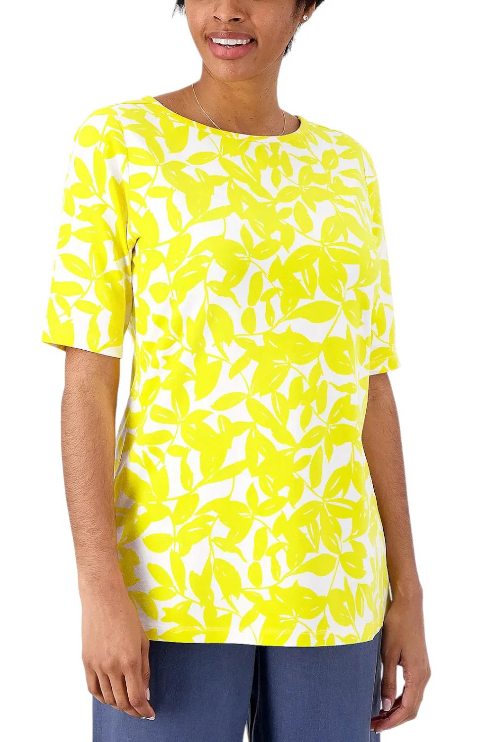 Denim & Co. Women's Printed Jersey Boat Neck Elbow Sleeve Tunic Yellow