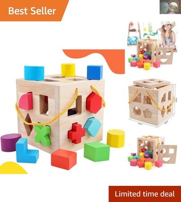 19-Piece Solid Wood Shape Sorter Cube - Timeless Gift for Kids Aged 2-4
