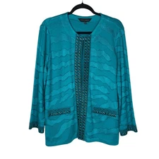 Ming Wang Womens Open Front Studded Blue Cardigan Size XL Luxury Artsy