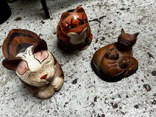 Joblot 3x Cat & Tiger Ornaments Hand Carved Wood Family & George Ceramic Planter