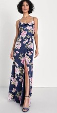 Lulus Love of Romance Women's Dress Navy Floral Satin Cowl Neck Maxi Size Small