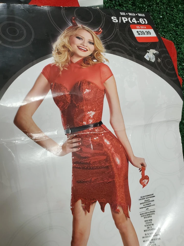 Disfraz Disfraz Mujer Pequeño (4-6) Lentejuelas Rojas Diablo Vestido Cinturón Cola Diadema Foto 2 de 4