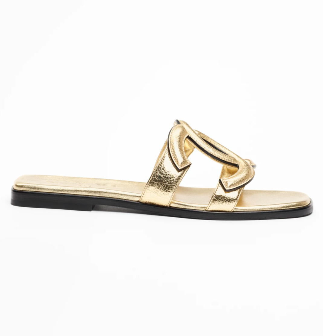 Chanel 26S Golden Gold Cracked Leather XL CC Logo Mules Slides