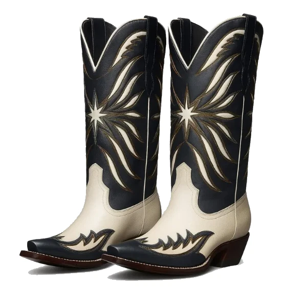 Botas de Vaquero Hechas a Mano de Cuero Blanco y Negro | Unisex Western Bordado Foto 3 de 4