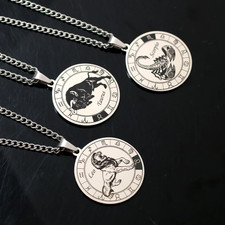 Zodiac Sign Necklace 316L Stainless Steel Pendant Medallion Astrology Gift UK