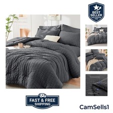 7 Piece King Size Comforter Set Seersucker, All Season Luxury Bed in a Bag fo...