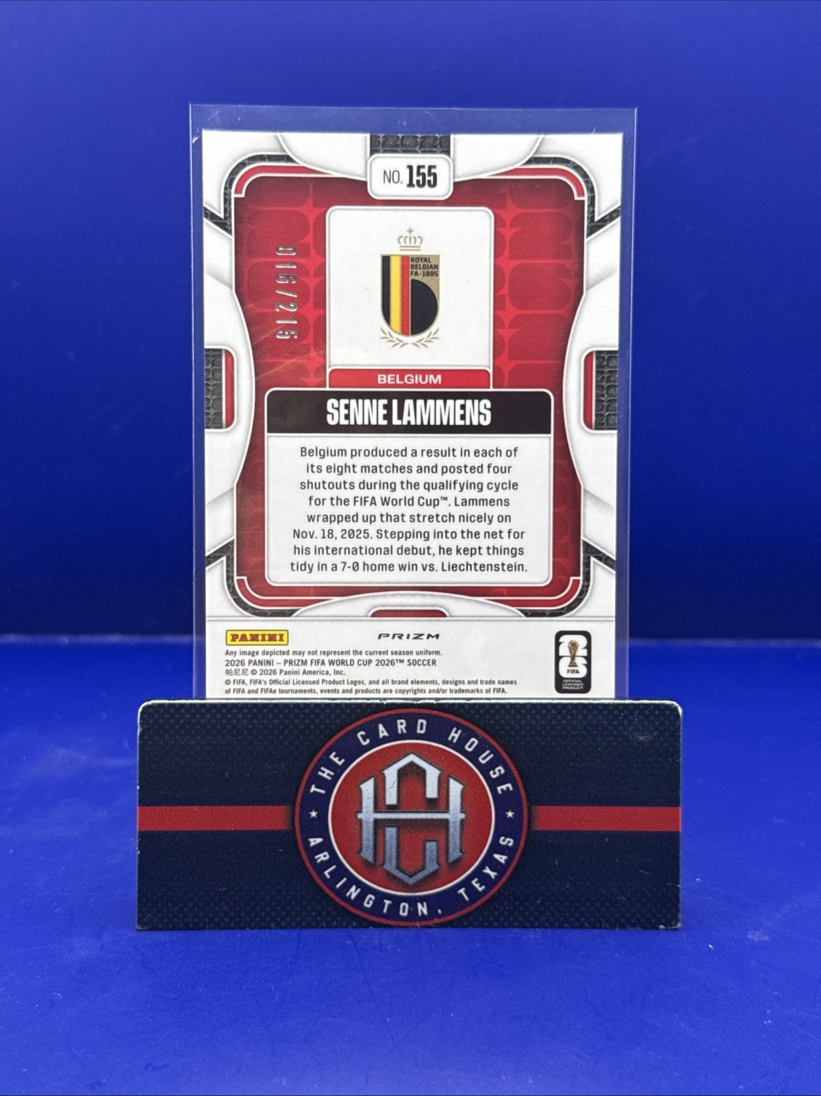 2026 Prizm FIFA World Cup Senne Lammens Rookie Orange Pandora /215 Belgium BG1 view 2