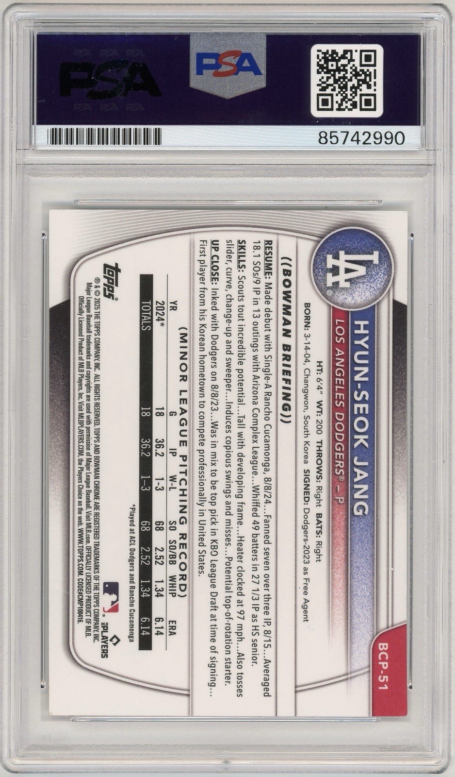 2025 1st Bowman Chrome Hyun-Seok Jang IP Auto BCP-51 PSA DNA AUTHENTIC Dodgers view 4
