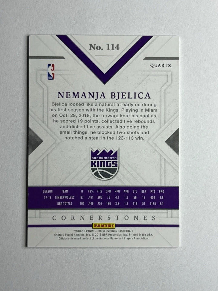 Nemanja Bjelica 2018-19 Panini Cornerstones #114 Quartz 1/49 Sacramento Kings - Image 2 of 2