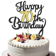 70th Happy Birthday Cake Topper Black With Gold 70th