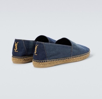 Saint Laurent Blue Jeans Denim YSL Gold Logo Slip On Espadrille Flat - EUR 36