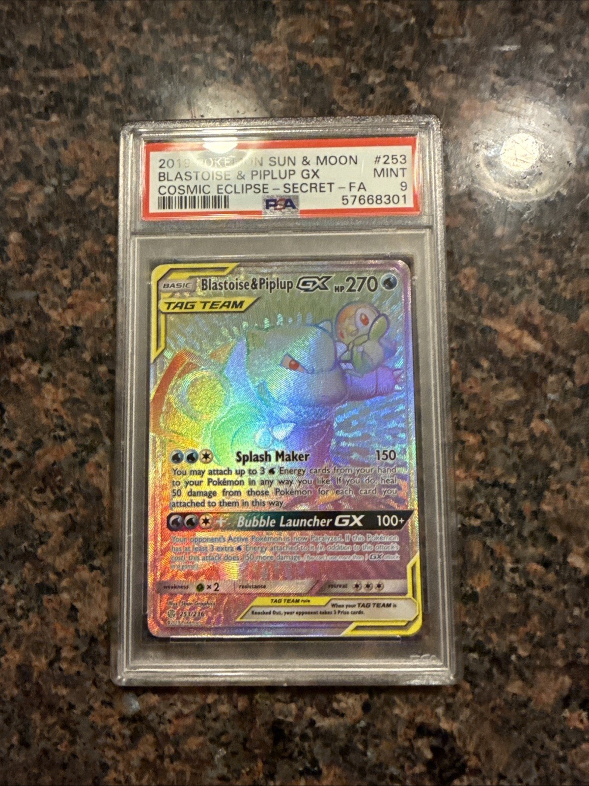 2019 Pokemon SM Cosmic Eclipse Rainbow Rare Blastoise & Piplup GX #253 PSA 9