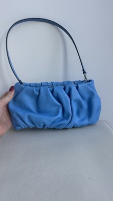 Blue Ruched Shoulder Bag for Women, Solid Rectangle with Silver Hardware STAUD