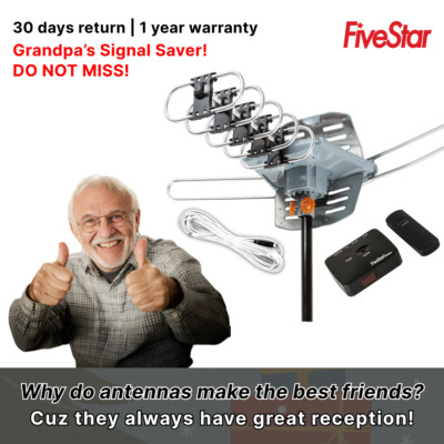 Motorized Amplified TV Outdoor Antenna With Pole And Splitters 1080P 4K Quality