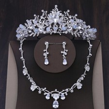 5cm Tall Tiara CZ Crystal Necklace Earrings Set Wedding Queen Crown For Women