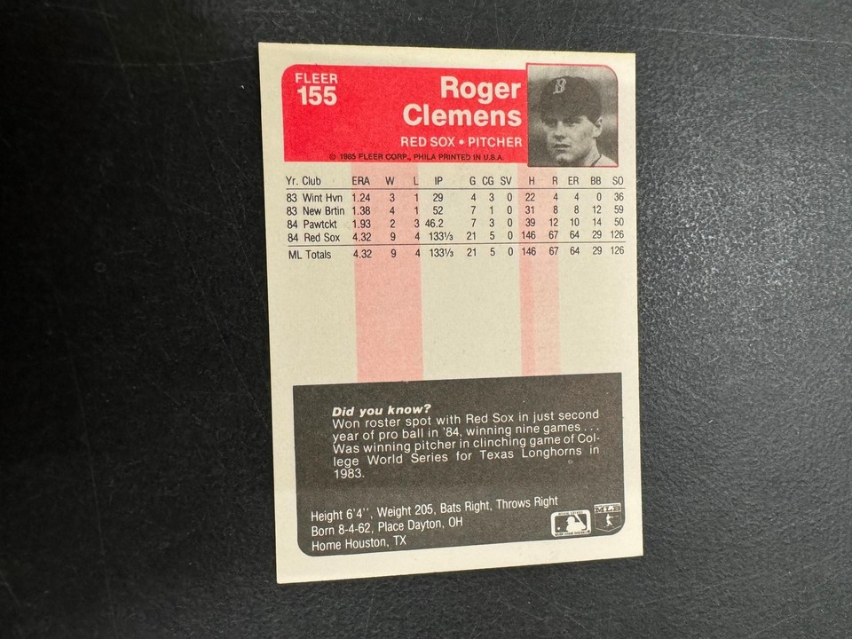 Roger Clemens 1985 Fleer Rookie Card RC #155 Boston Red Sox A12E | eBay