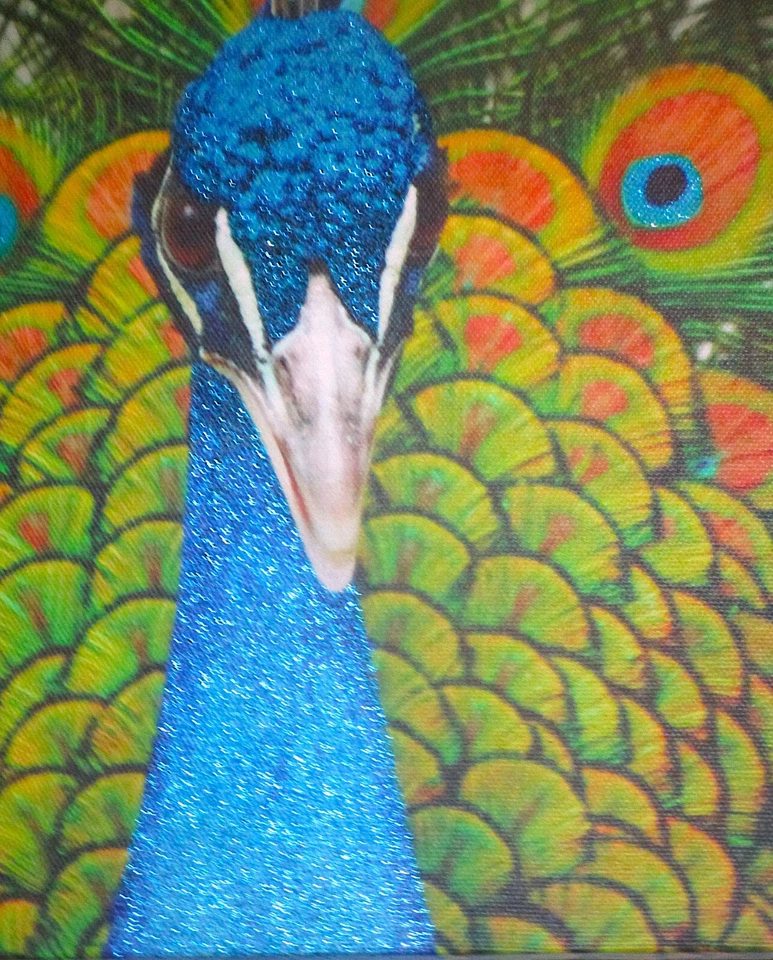 Pfau-Digitaldirektdruck auf Leinwand mit Glitzer, auf Holzrahmen - Bild 3 von 4
