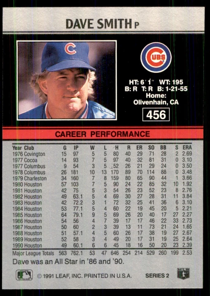 1991 Leaf Dave Smith Baseball Cards #456 - Image 2 of 2