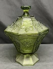 Vintage Mid Century Anchor Hocking Green Candy Dish With Lid Grape Pattern