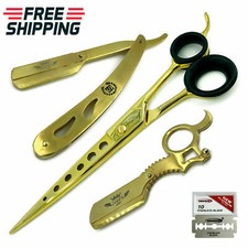 BARBER COMBO SET 8" GOLD HAIR CUTTING HAIRDRESSING SCISSOR SHEAR  SHAVING RAZOR