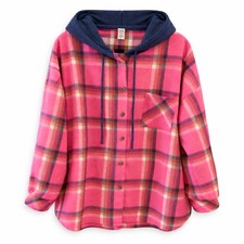 Pink Plaid Hooded Shirt Button Down Flannel Shacket Style