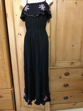 NEW Maxi Cotton Beach Dress Summer Black, pink embroidery Size Small UK 10