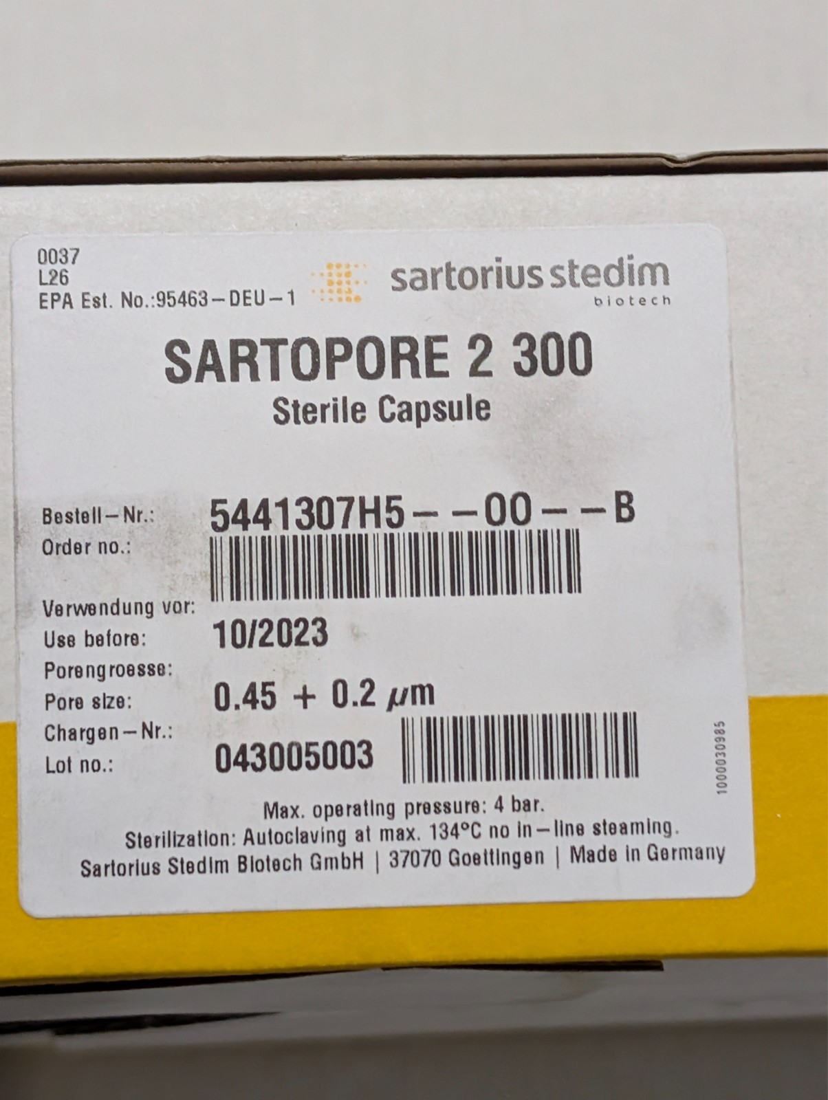 Sartorius Sartopore 2 300 Sterile Capsule Filter 0.45+0.2um | BOX OF 5 PES