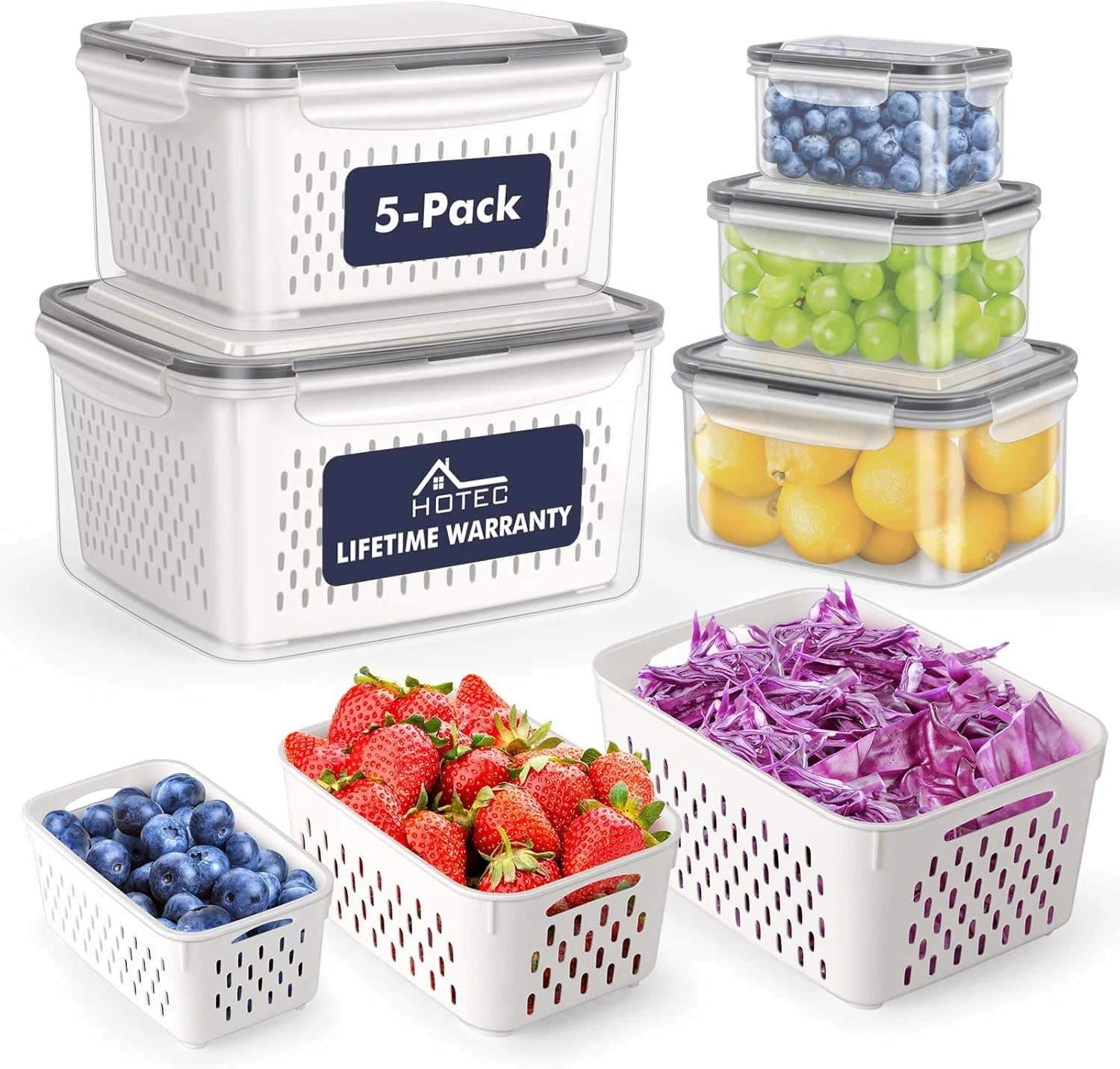 5-Pack Large Fruit Storage Container for Fridge Leak Proof with Removable Coland
