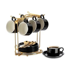 YOLIFE Espresso Cups with Saucers Set and Gold Metal Stand, 2.5oz Expresso Sh...
