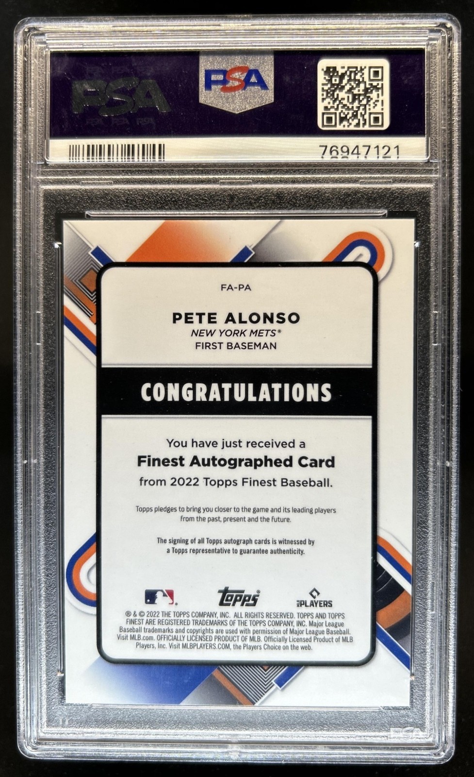2022 Topps Finest Pete Alonso Auto Gold Refractor #/50 Mets PSA 10 GEM MINT view 2