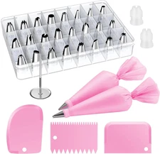 32-Piece Piping Bags and Tips Set with 24 Icing Piping Tips, 2 Reusable Pastry B