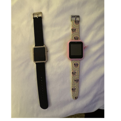 Square Face Digital LED Wristwatch Black Strap Pink Cartoon Design Lot of 2