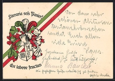 Literaria sei's Panier!, ex laboratories fructus, student coat of arms, postcard 