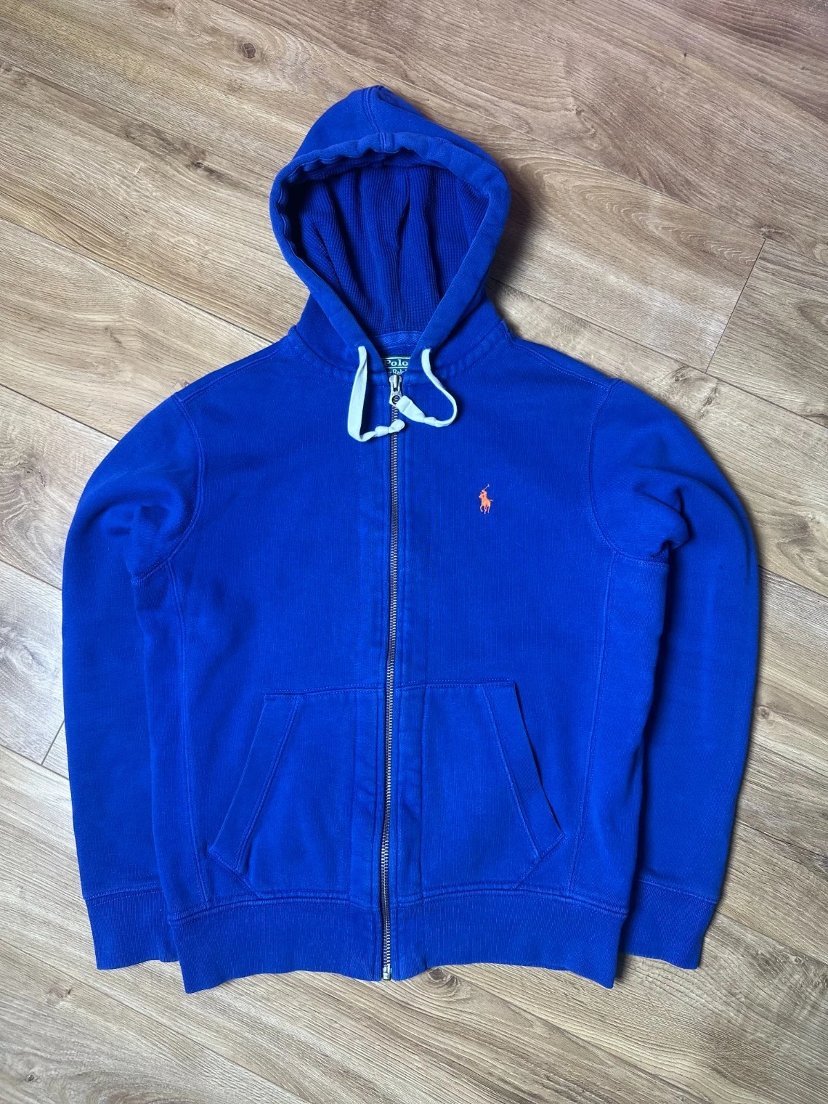 Polo Ralph Lauren Men's S Blue Zip Hoodie Orange Pony Logo Thermal Lined