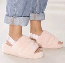 UGG Fluff Yeah Slippers Women  s Sz 10 Light Pink Shearling Ankle Strap NEW