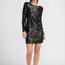 Express Elegant Black Sequin Long Sleeve Dress