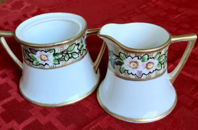 Art Nouveau Bone China Sugar (no lid) & Creamer White w/Pink & Gold trim