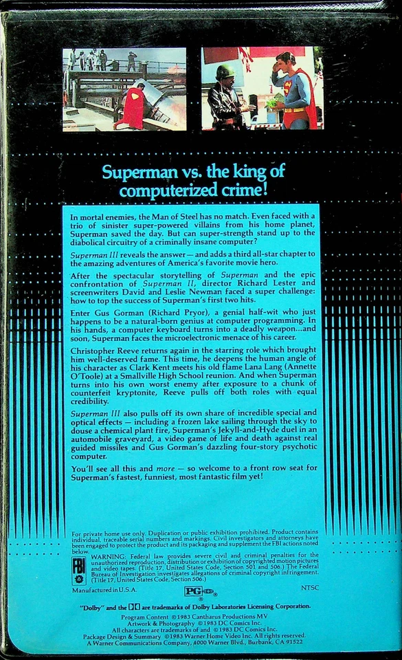Superman III - Warner Home Video - VHS - Rated PG - Preowned Foto 2 de 4