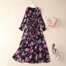 Women's V-Neck Long Sleeve Retro Rose Printing Temperament Long Dresses Party