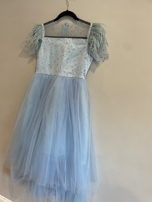 Custom Ice Blue Tulle Formal Dress Feathers Rhinestones Gown Girls Sz 8