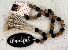 Thankful Farmhouse Beads Wood Bead Garland with Tassels, Rustic Gray Decor 19"