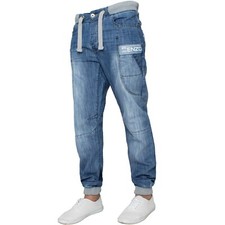 Enzo Mens Cuffed Jeans Regular Fit Jogger Denim Pants Trousers All Waist Sizes