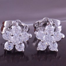 Pretty New Silver White Gold Filled Cubic Zirconia Flower Set Stud Post Earrings